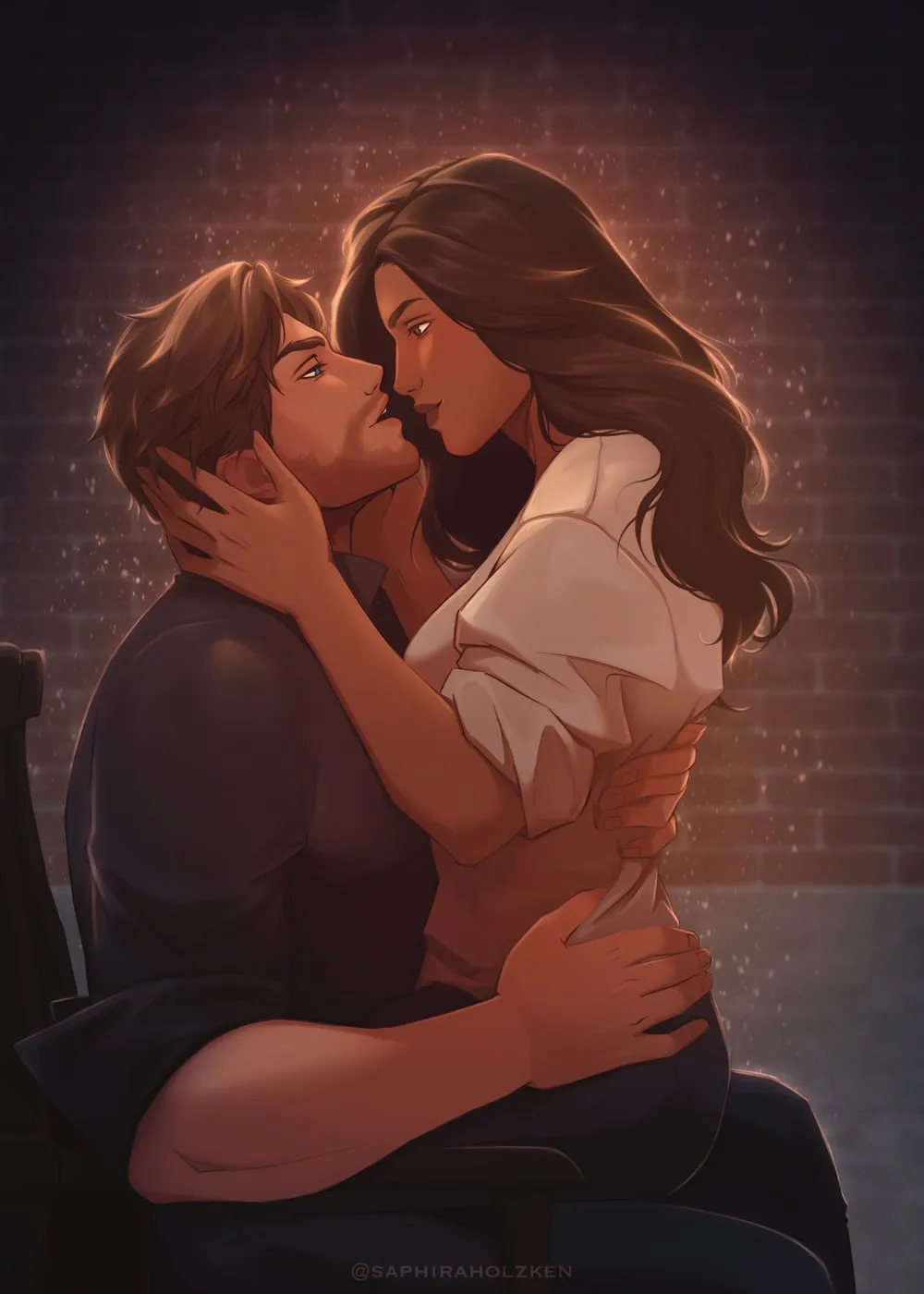 Tara and Knox embrace, character art card from BURN